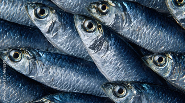 Fototapeta Numerous fresh sardines are arranged closely together, showcasing their shiny blue scales and distinct features