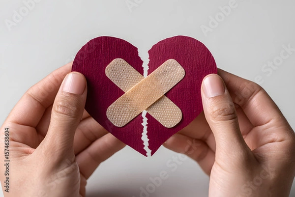 Fototapeta Two hands hold a bandaged heart, symbolizing love, heartbreak, and the journey to heal emotionally