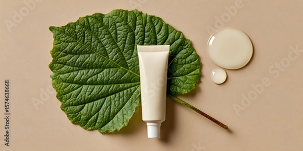 Fototapeta Skincare cream sits on a fresh green leaf with a drop of serum next to it, highlighting natural beauty and wellness