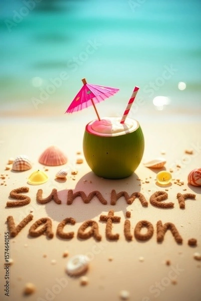 Fototapeta summer background with written text on sand and sunny beach vibe with Fresh coconut drink with colorful umbrella and straw 