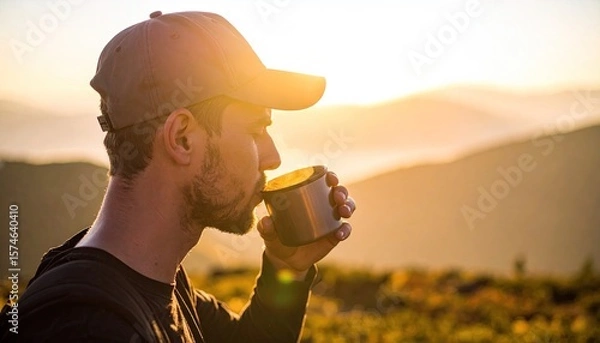 Obraz Man drinks coffee at sunrise