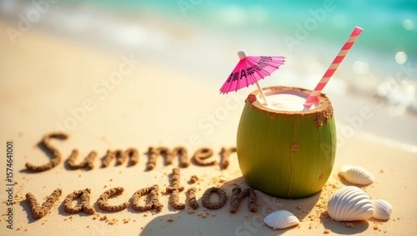 Fototapeta summer background with written text on sand and sunny beach vibe with Fresh coconut drink with colorful umbrella and straw 