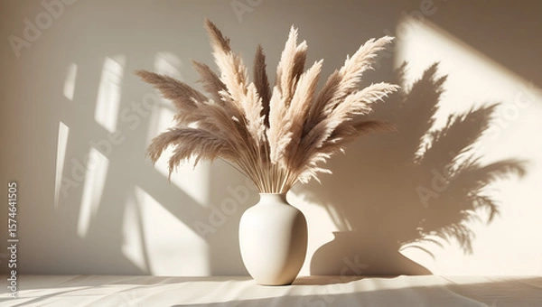 Fototapeta Minimalist Pampas Grass in Ceramic Vase with Diagonal Sunlight Shadows