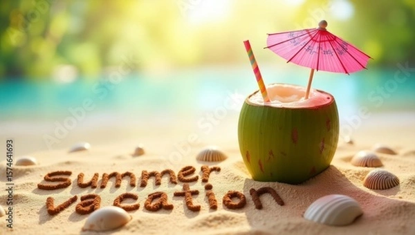 Fototapeta summer background with written text on sand and sunny beach vibe with Fresh coconut drink with colorful umbrella and straw 