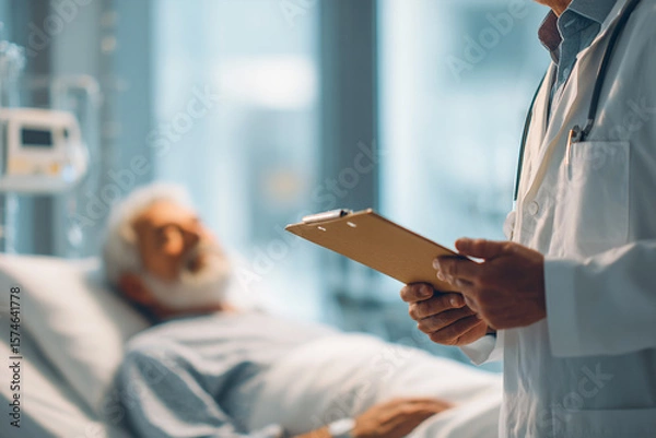 Obraz Doctor reviews patient's chart in hospital room. Professional medical care concept for web, marketing, and design.