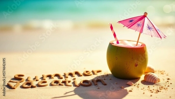 Fototapeta summer background with written text on sand and sunny beach vibe with Fresh coconut drink with colorful umbrella and straw 