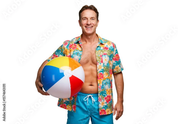 Fototapeta Man smiling and holding beach ball in summer outfit on white background, high-resolution lifestyle PNG