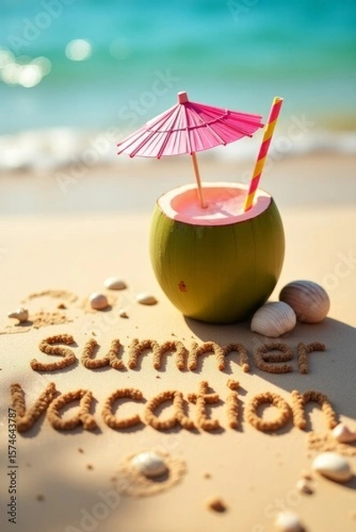 Fototapeta summer background with written text on sand and sunny beach vibe with Fresh coconut drink with colorful umbrella and straw 