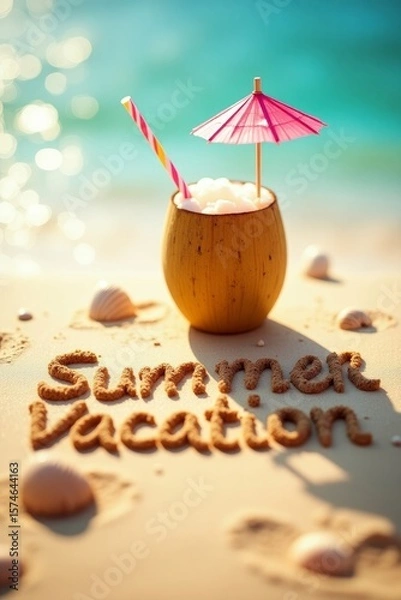 Fototapeta summer background with written text on sand and sunny beach vibe with Fresh coconut drink with colorful umbrella and straw 