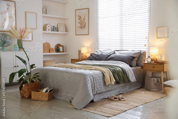 Fototapeta Comfortable bed with soft linens and blankets in room. Home textile