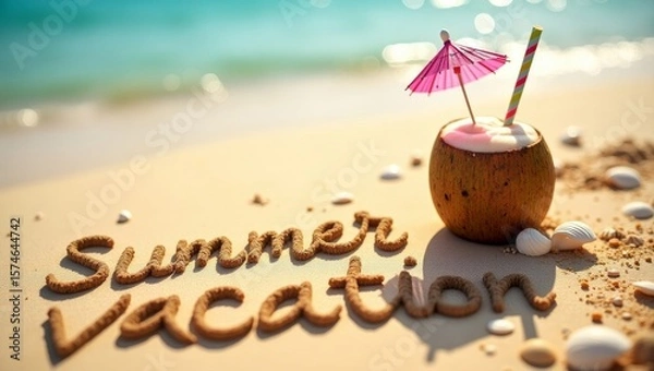 Fototapeta summer background with written text on sand and sunny beach vibe with Fresh coconut drink with colorful umbrella and straw 