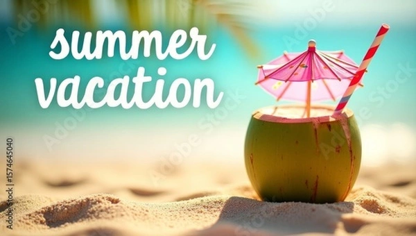 Fototapeta summer background with written text on sand and sunny beach vibe with Fresh coconut drink with colorful umbrella and straw 