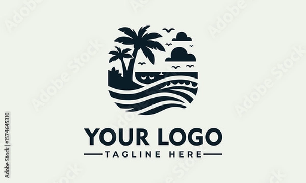 Fototapeta A stylized black and white logo depicting a tropical beach scene.