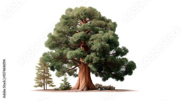 Obraz Ancient Tree's Majesty: A majestic, towering sequoia tree stands tall, its massive trunk and lush green canopy reaching towards the sky, symbolizing strength and longevity.