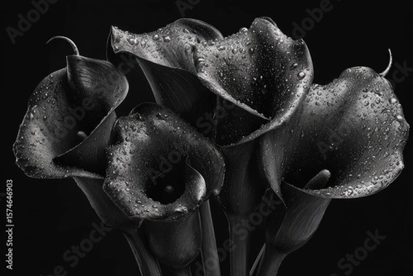Fototapeta Black roses and calla lilies with dewdrops, placed in deep darkness, evoke sorrow and quiet melancholy.
