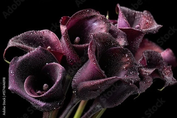 Fototapeta Black roses and calla lilies with dewdrops, placed in deep darkness, evoke sorrow and quiet melancholy.

