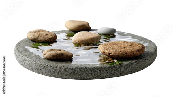 Obraz Zen Garden Still Life: A serene arrangement of stones and water creates a miniature Zen garden on a textured stone surface. It's a testament to peace and tranquility.