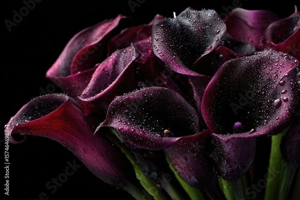 Fototapeta Black roses and calla lilies with dewdrops, placed in deep darkness, evoke sorrow and quiet melancholy.
