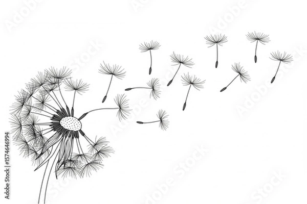 Fototapeta Dandelion seed dispersal art features wispy seeds drifting in the wind, a botanical graphic ideal for spring and nature design projects.