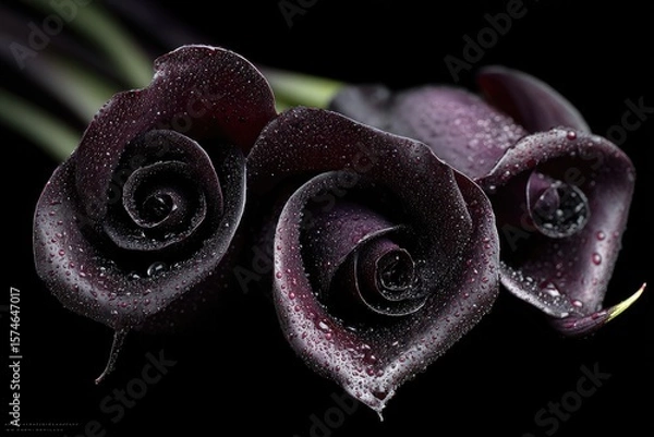 Fototapeta Black roses and calla lilies with dewdrops, placed in deep darkness, evoke sorrow and quiet melancholy.
