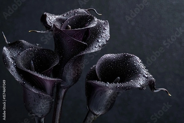 Fototapeta Black roses and calla lilies with dewdrops, placed in deep darkness, evoke sorrow and quiet melancholy.
