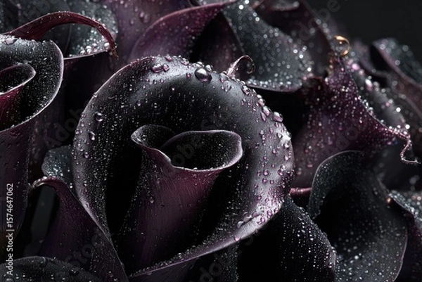 Fototapeta Black roses and calla lilies with dewdrops, placed in deep darkness, evoke sorrow and quiet melancholy.
