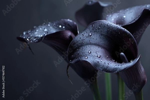 Fototapeta Black roses and calla lilies with dewdrops, placed in deep darkness, evoke sorrow and quiet melancholy.
