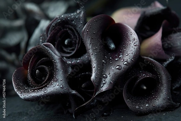 Fototapeta Black roses and calla lilies with dewdrops, placed in deep darkness, evoke sorrow and quiet melancholy.
