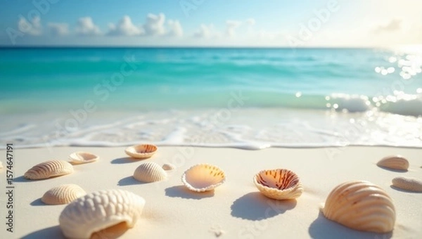 Fototapeta Summer travel background from beach sand with starfish and seashell.