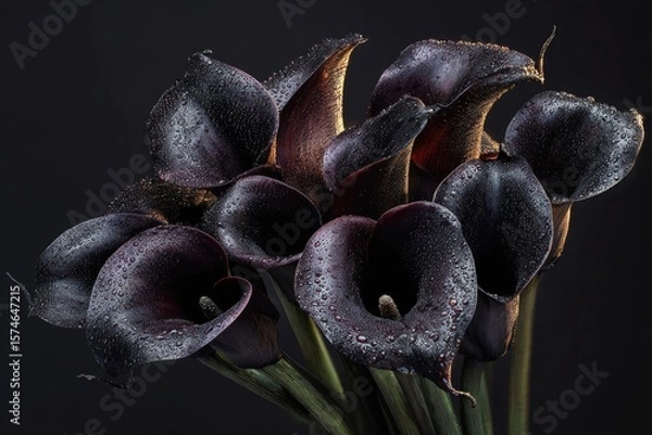 Fototapeta Black roses and calla lilies with dewdrops, placed in deep darkness, evoke sorrow and quiet melancholy.
