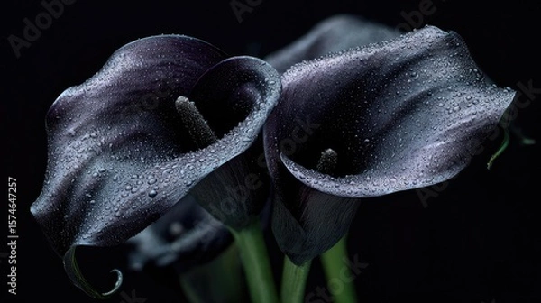 Fototapeta Black roses and calla lilies with dewdrops, placed in deep darkness, evoke sorrow and quiet melancholy.
