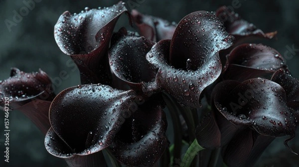 Fototapeta Black roses and calla lilies with dewdrops, placed in deep darkness, evoke sorrow and quiet melancholy.
