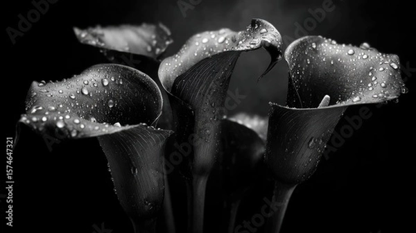 Fototapeta Black roses and calla lilies with dewdrops, placed in deep darkness, evoke sorrow and quiet melancholy.
