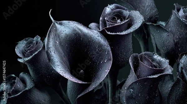 Fototapeta Black roses and calla lilies with dewdrops, placed in deep darkness, evoke sorrow and quiet melancholy.
