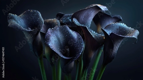 Fototapeta Black roses and calla lilies with dewdrops, placed in deep darkness, evoke sorrow and quiet melancholy.
