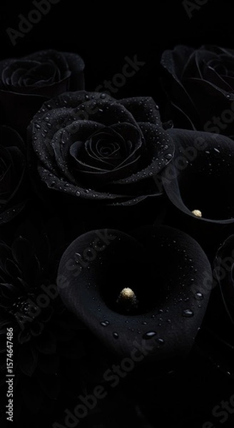 Fototapeta Black roses and calla lilies with dewdrops, placed in deep darkness, evoke sorrow and quiet melancholy.

