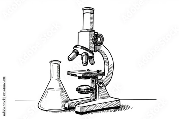 Fototapeta Detailed scientific graphic featuring a microscope and flask, ideal for laboratory or research themes and educational designs.