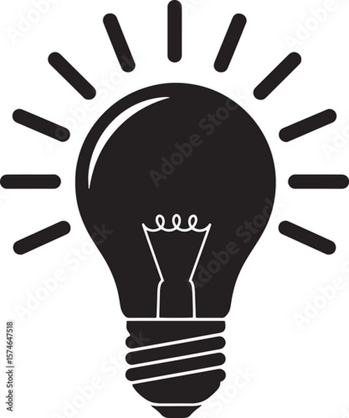 Fototapeta Black lightbulb silhouette icon vector illustration. Symbol of idea, innovation, creativity, energy, and solution. Simple isolated graphic for creative thinking.
