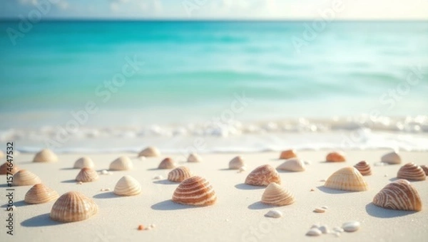 Fototapeta Summer travel background from beach sand with starfish and seashell.