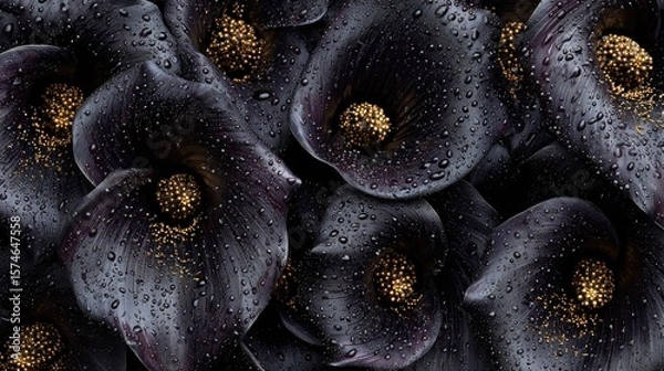 Fototapeta Black roses and calla lilies with dewdrops, placed in deep darkness, evoke sorrow and quiet melancholy.
