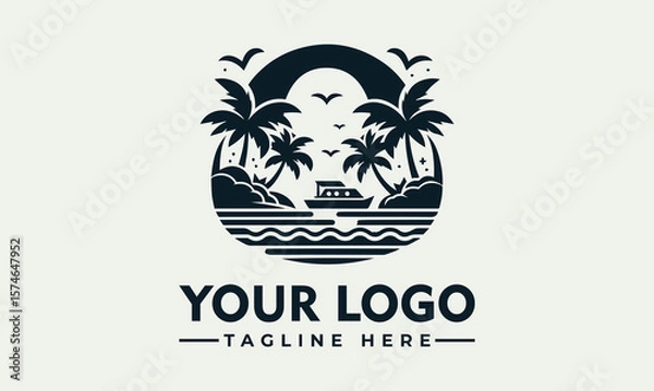 Fototapeta A stylized black and white logo depicting a tropical beach scene.
