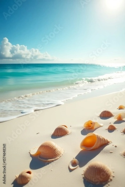 Fototapeta Summer travel background from beach sand with starfish and seashell.