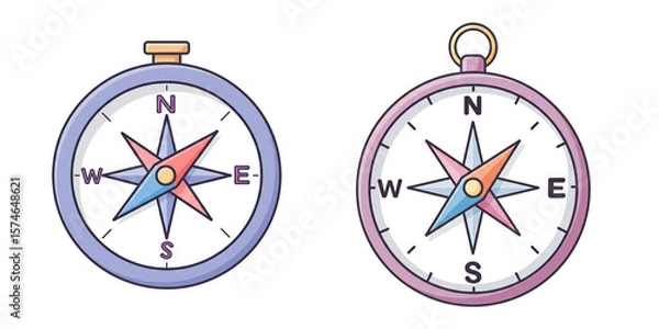 Fototapeta Colorful cartoon compasses with cardinal directions in pastel design  isolated set