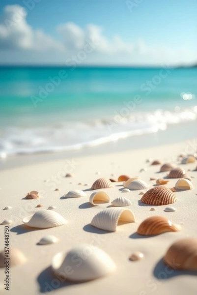 Fototapeta Summer travel background from beach sand with starfish and seashell.