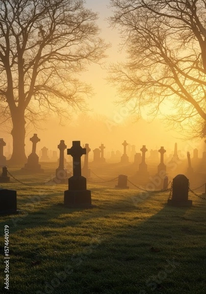 Fototapeta A foggy graveyard at dawn, where tombstones and trees appear in silhouette beneath the gentle sunrise glow.
