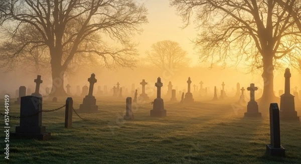 Fototapeta A foggy graveyard at dawn, where tombstones and trees appear in silhouette beneath the gentle sunrise glow.
