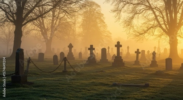Fototapeta A foggy graveyard at dawn, where tombstones and trees appear in silhouette beneath the gentle sunrise glow.
