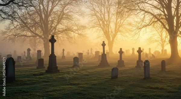 Fototapeta A foggy graveyard at dawn, where tombstones and trees appear in silhouette beneath the gentle sunrise glow.
