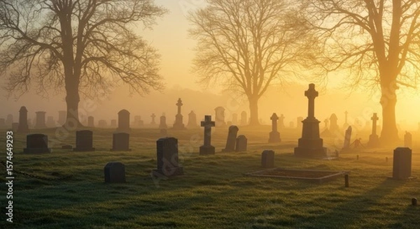 Fototapeta A foggy graveyard at dawn, where tombstones and trees appear in silhouette beneath the gentle sunrise glow.
