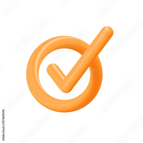 Fototapeta 3D UI Symbols Check Icon PNG. Glossy Orange Approval Tick for Buttons, UI, and Web Graphics.